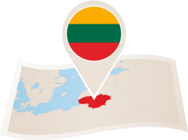 Folded map of Lithuania with flag pin of Lithuania. png