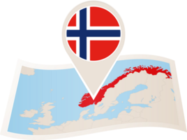 Folded map of Norway with flag pin of Norway. png