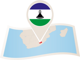 Folded map of Lesotho with flag pin of Lesotho. png