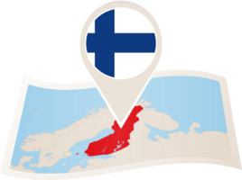Folded map of Finland with flag pin of Finland. png