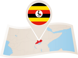 Folded map of Uganda with flag pin of Uganda. png