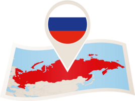 Folded map of Russia with flag pin of Russia. png
