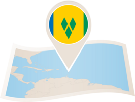 Folded map of Saint Vincent and the Grenadines with flag pin of Saint Vincent and the Grenadines. png
