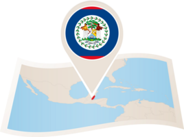 Folded map of Belize with flag pin of Belize. png