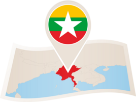 Folded map of Myanmar with flag pin of Myanmar. png