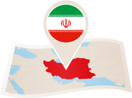 Folded map of Iran with flag pin of Iran. png