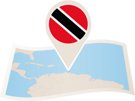 Folded map of Trinidad and Tobago with flag pin of Trinidad and Tobago. png