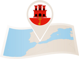 Folded map of Gibraltar with flag pin of Gibraltar. png