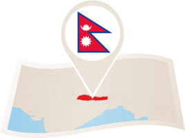 Folded map of Nepal with flag pin of Nepal. png