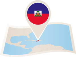 Folded map of Haiti with flag pin of Haiti. png