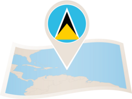 Folded map of Saint Lucia with flag pin of Saint Lucia. png