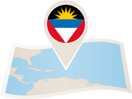 Folded map of Antigua and Barbuda with flag pin of Antigua and Barbuda. png