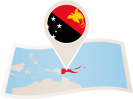 Folded map of Papua New Guinea with flag pin of Papua New Guinea. png