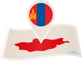 Folded map of Mongolia with flag pin of Mongolia. png