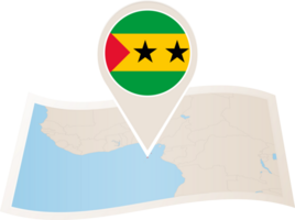 Folded map of Sao Tome and Principe with flag pin of Sao Tome and Principe. png
