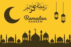 Ramadan Kareem greeting with mosque silhouette and crescent moon vector