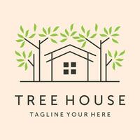 tree house with green leaf line logo symbol illustration design vector