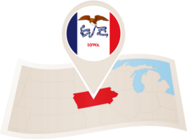 Folded map of Iowa U.S. State with flag pin of Iowa. png