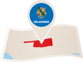 Folded map of Oklahoma U.S. State with flag pin of Oklahoma. png