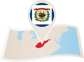 Folded map of West Virginia U.S. State with flag pin of West Virginia. png