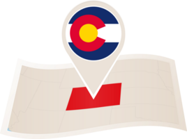 Folded map of Colorado U.S. State with flag pin of Colorado. png
