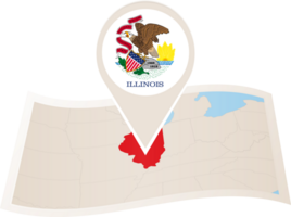 Folded map of Illinois U.S. State with flag pin of Illinois. png