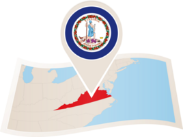 Folded map of Virginia U.S. State with flag pin of Virginia. png