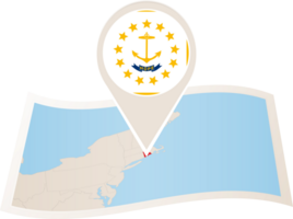 Folded map of Rhode Island U.S. State with flag pin of Rhode Island. png
