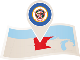 Folded map of Minnesota U.S. State with flag pin of Minnesota. png