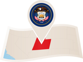 Folded map of Utah U.S. State with flag pin of Utah. png