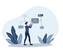 Business analytics illustration featuring a businessman interacting with digital charts and data visualization. Modern flat design for financial, corporate, and technology concepts vector