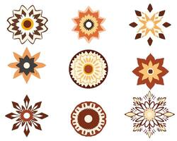 set of nine symmetrical floral ornaments in warm earthy tones, featuring intricate geometric and abstract patterns. Perfect for decoration, textile design, branding, and digital art. vector