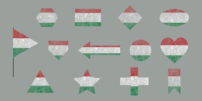 Hungary flag icons of a variety of geometric shapes. Textured Hungarian flags in various shapes. vector