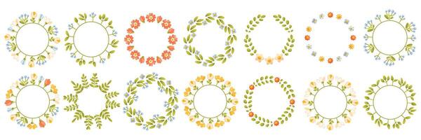 Set of floral spring, summer wreaths. Round floral frame with floral arrangements, with green leaves, empty space for text. Trendy greenery in botanical style in rustic style vector