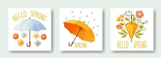 Set of square cards with open and closed umbrellas in flowers and rain, text hello spring. Cute illustration for spring design. vector