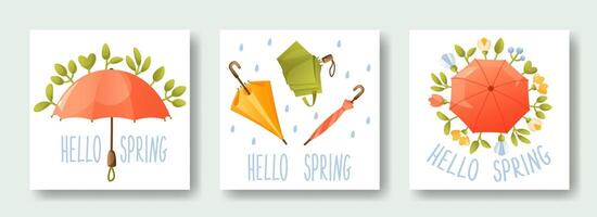 Set of square cards with open and closed umbrellas in flowers and rain, text hello spring. Cute illustration for spring design. vector