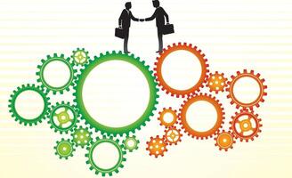 Business people shaking hands on a cogs and gears background vector