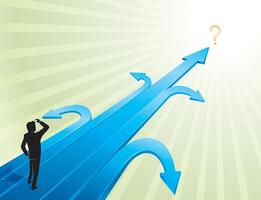 Businessman looking at arrow pointing to the right direction vector