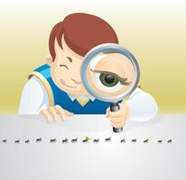 A cartoon boy looking at ants with magnifying glass vector