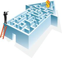 A man is looking at a maze with a dollar sign vector