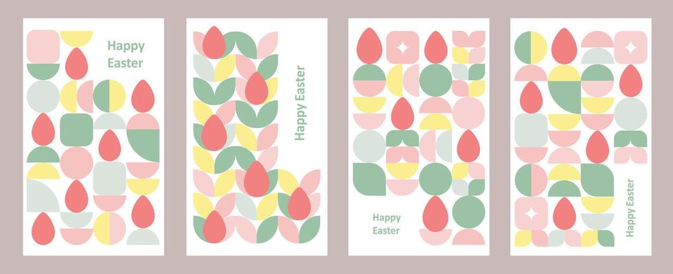 Set of Easter cards. Abstract eggs spring flowers and decorations. For poster, postcard, scrapbooking, stickers.easter colorful geometric shapes