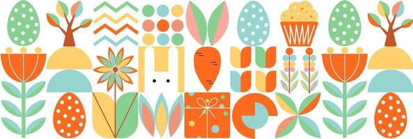 Seamless Easter pattern in modern minimalist style with geometric shapes, eggs. Abstract template for poster, branding, advertising, postcard, prints, banner. vector