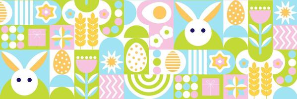 Seamless Easter pattern in modern minimalist style with geometric shapes, eggs. Abstract template for poster, branding, advertising, postcard, a colorful pattern with bunny ears and flowers vector