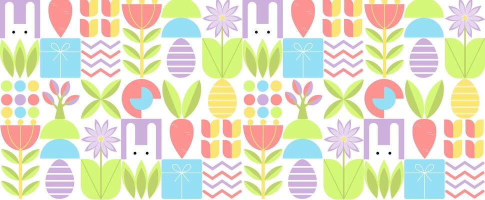 Seamless Easter pattern in modern minimalist style with geometric shapes, eggs. Abstract template for poster, branding, advertising, postcard, prints, banner.a colorful pattern with flowers