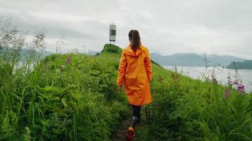 Woman Going To Lighthouse, Travel And Tourism, Back View Of Female Traveler Walking Alone On Cape video
