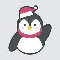 penguin wearing santa hat and red scarf in outline flat design. vector
