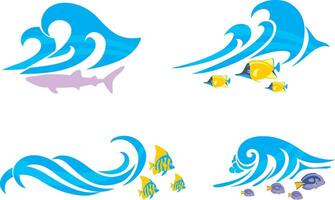 Beach Wave and Marine Life, Abstract artwork blue waves collection and fishes, usable for beach resort companies. vector