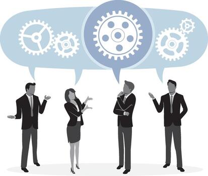 Executives Presentation Stance Set, Cogs Speech Bubble vector