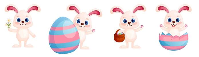 Cute cartoon easter rabbit set isolated on white. Bunny collection with easter elements. Cartoon illustration. vector