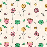 Repeat background with different Spring or Summer abstract Flowers. Hand drawn seamless pattern with blooming plants, ladybug, butterfly for web, print, paper, card. Design for seasons, holiday vector